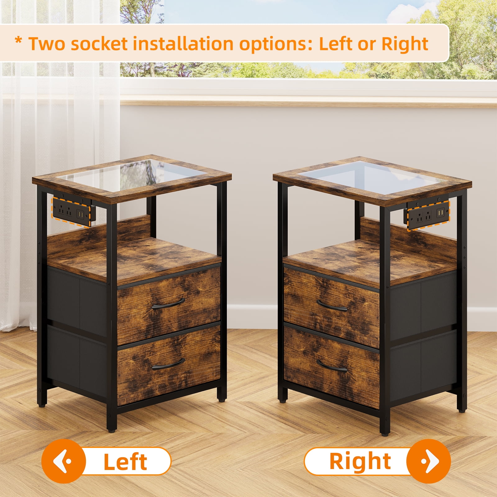 Tomnk 2 Pack Rustic Brown Nightstands with LED Lights, Charging Station, Drawers