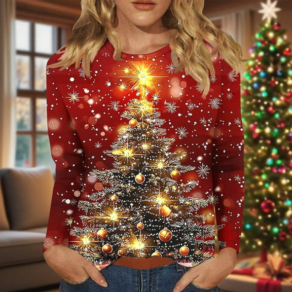 Qulqfy Womens Christmas Shirts Red Crew Neck Xmas Plus Size Christmas Tree Casual Long Sleeve Religious Shirts Family Christmas Shirts for Women