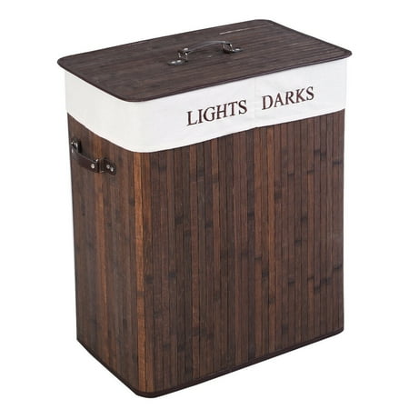 Brown Laundry Hamper Costway Folding Double Rectangle Bamboo Hamper Laundry Basket Cloth Storage Bag Lid Brown ()