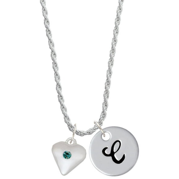 Delight Jewelry Silvertone Large December - Teal Crystal Heart Silvertone Script Initial Disc - C - Charm Necklace, 20"+3"