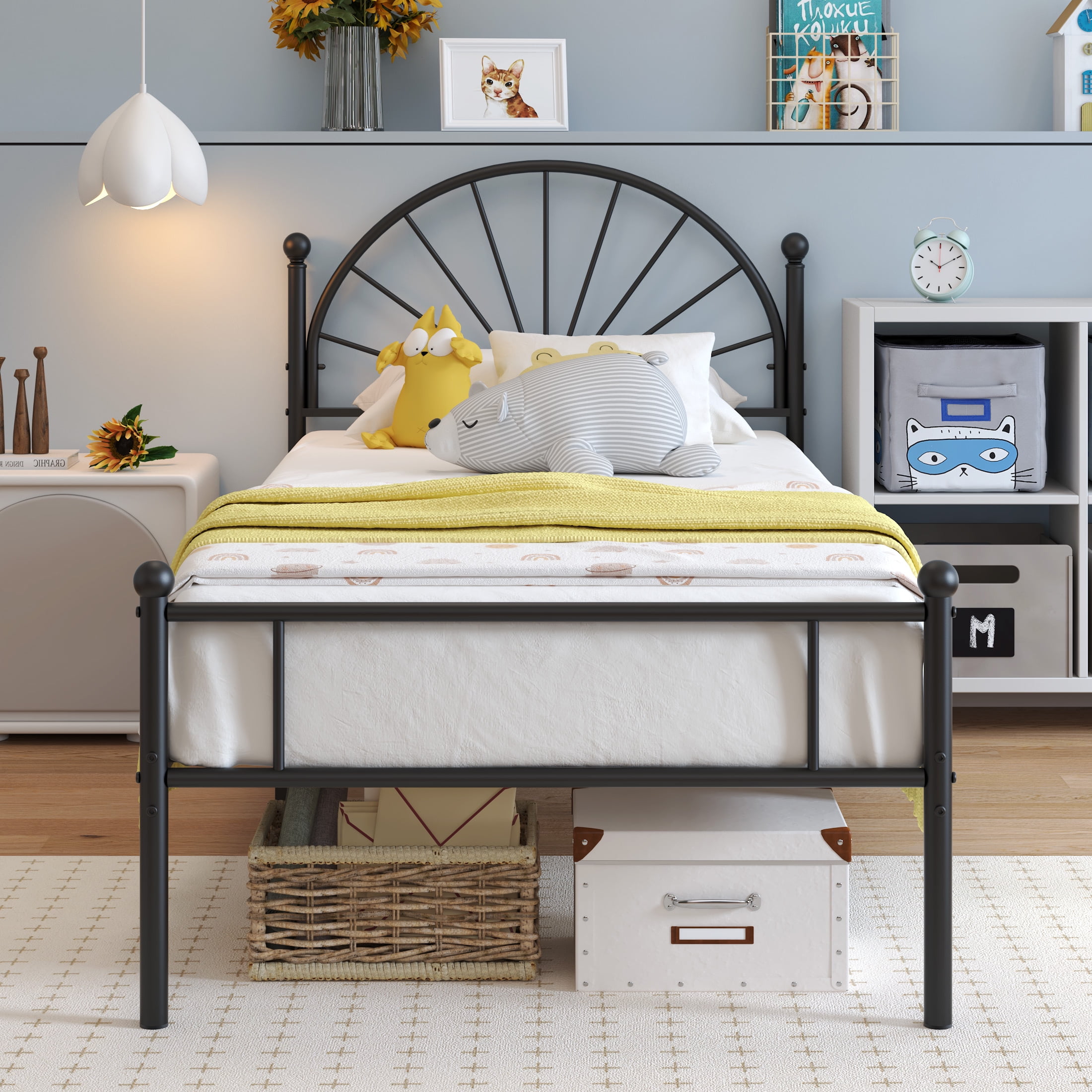 Yoneston Twin Metal Bed Frame with Unique Sun Curve Shape Headboard for Teens Kids Toddlers Bedroom Furniture, Black