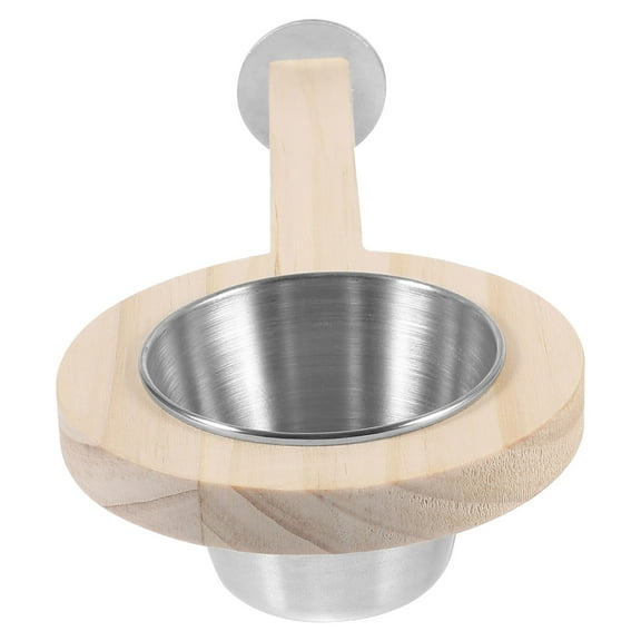 Stainless Steel and Wood Bird Feeder Bowl for Cage with Perch Ideal for Parrot Feeding Beige