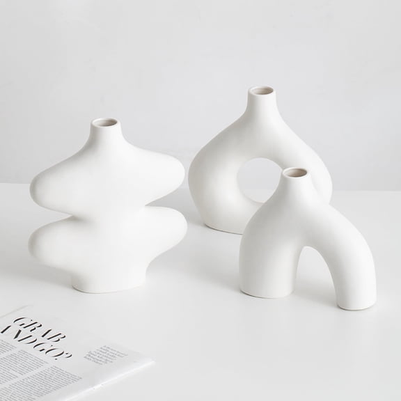 Donut Vase, Set of 3 - Minimalist Nordic, White Ceramic Hollow Donut Vase Decor | Table Centerpiece, Olive Plant, Wedding, Living Room, Bookshelf, Office, Modern Home, Entryway, Console - White