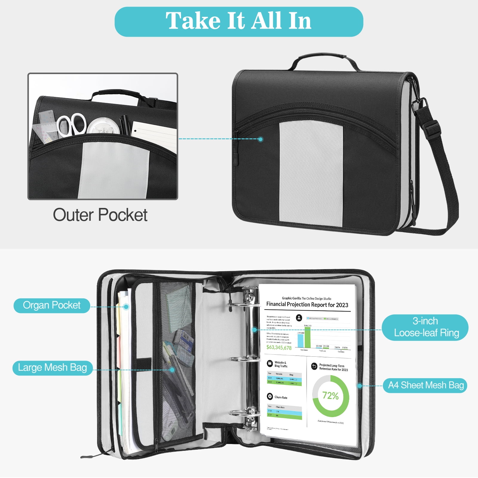 MoKo Zipper Binder, 3 in 3 Ring 600 Sheet Capacity Binder Organizer with Shoulder Strap, School Supplies, Black