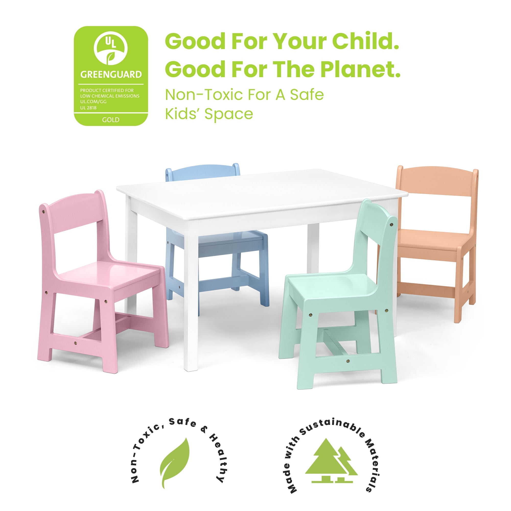 Delta Children MySize Kids Table with 4 Chairs - Greenguard Gold Certified, Bianca White/Pastel