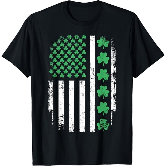 US American Flag with Shamrocks for St Patricks Day Boys Girls T-Shirt, T-Shirt for Kids Youth, 180gsm, 100% Cotton