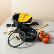 Thyme & Table 12-Piece Non-Stick Signature Ribbed Cookware Set, Pots and Pans Set - Black & Gold