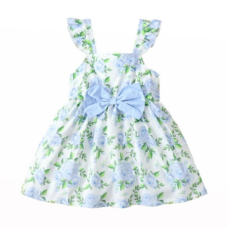 

Kucnuzki Toddler Girl Clothes 3T Summer Dress 4T Sling Square Neck Cute Floral Prints Big Bowknot Dress Blue