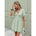 thumbnail image 6 of Green Women Summer Textured Lace V-Neck Short Sleeve Waisted A-Line Dress With Ruffle Sleeves, 6 of 6