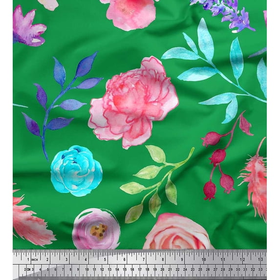 Soimoi Green Satin Silk Fabric Leaves & Floral Fabric Prints by Yard 42 Inch Wide