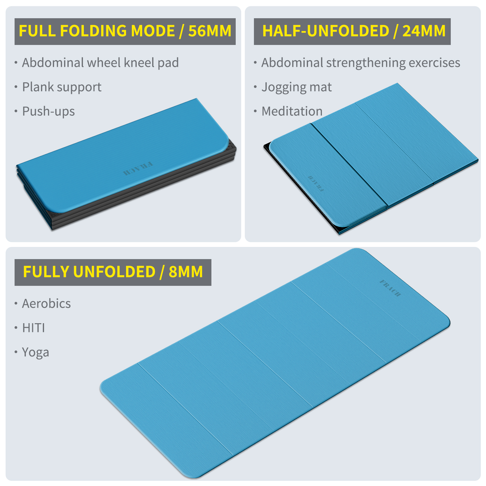 Frach Wide Foldable Yoga Mat - Extra Large 75"x32" Quick-Fold & Versatile Use Non-Slip TPE for Workout & Home Gym (Blue+Black)
