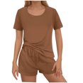 thumbnail image 2 of Viluyesy Round Neck T-Shirt and Shorts Set for Womens Solid Color Tops Elastic Waist Short Pants Relaxed Knitted Shirt and Shorts Sets Two PC Brown Size M, 2 of 6