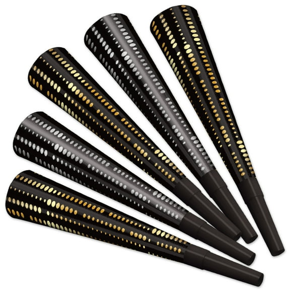 Beistle New Year's Eve Gold and Silver Foil Horns Party Noisemakers, 5 Count