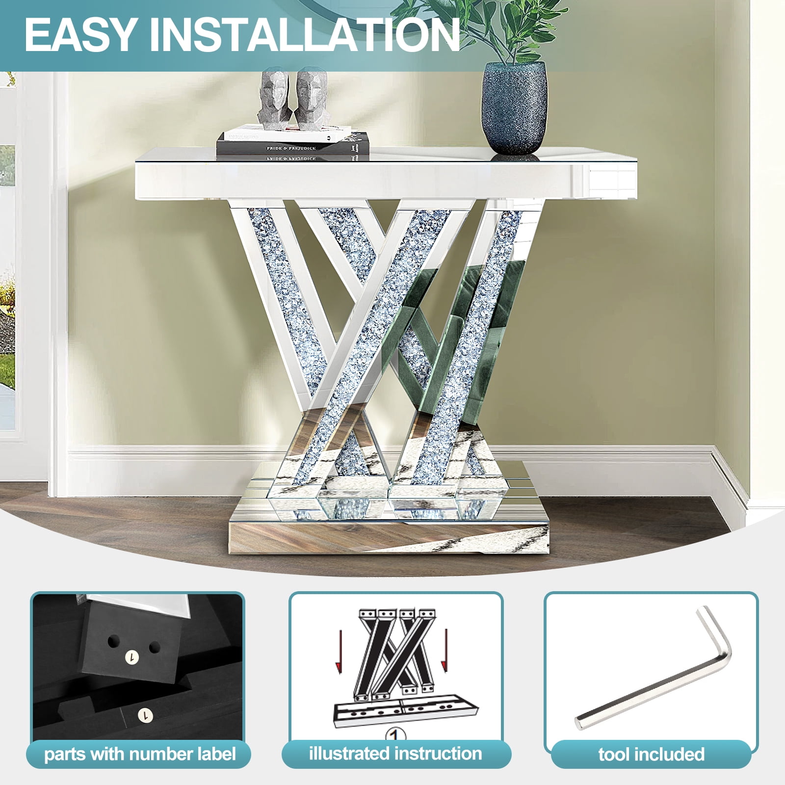Modern Entryway Console Table with Crushed Diamond Inlay, 35" Silver Mirrored Glass Hallway Table for Entryway, Glam Decorative Sofa Tables for Living Room