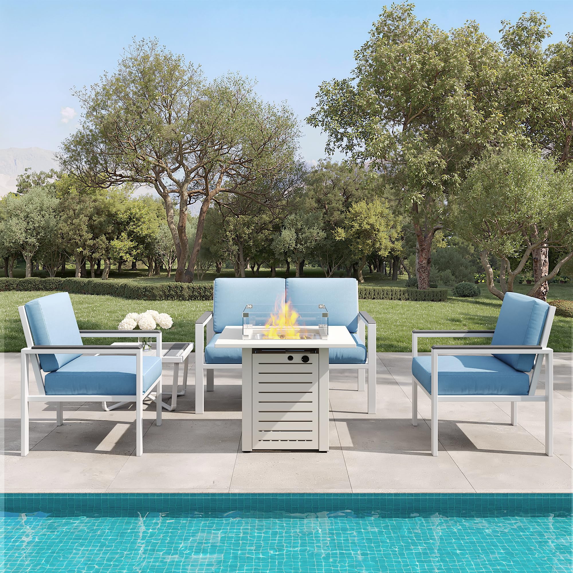 JXXM 4-Piece Outdoor Patio Conversation Set, Metal Furniture with Cushions & Coffee Table, White