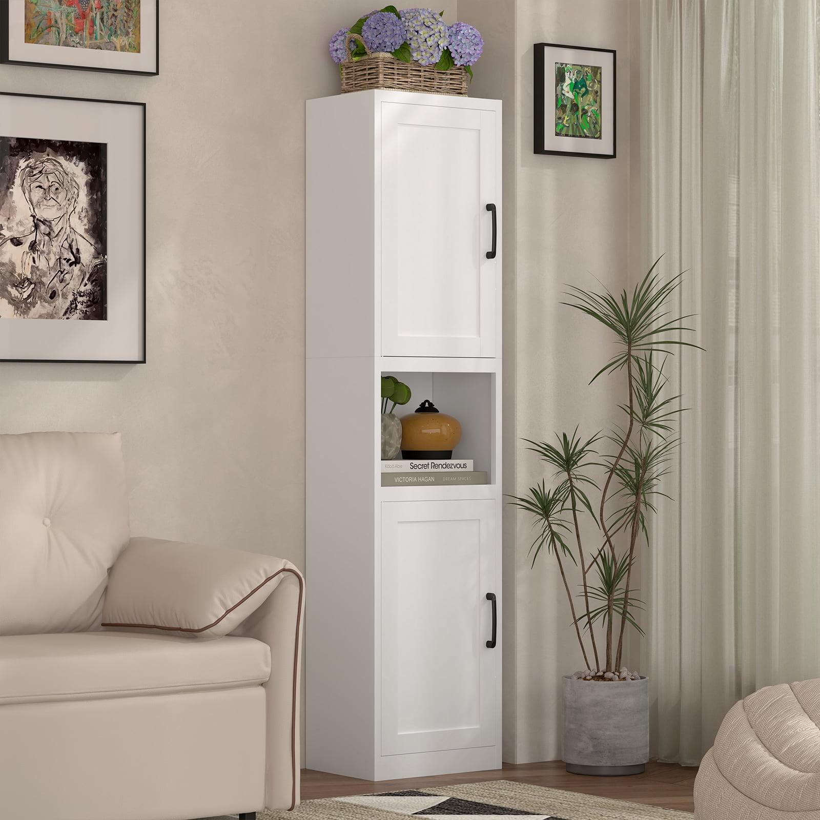 Marcree 67" Tall Bathroom Storage Cabinet, Metal Narrow Storage Cabinet with 2 Doors & 6 Shelves, Slim Skinny Cabinet for Linen, Pantry, Kitchen, Living Room & Home Office, White