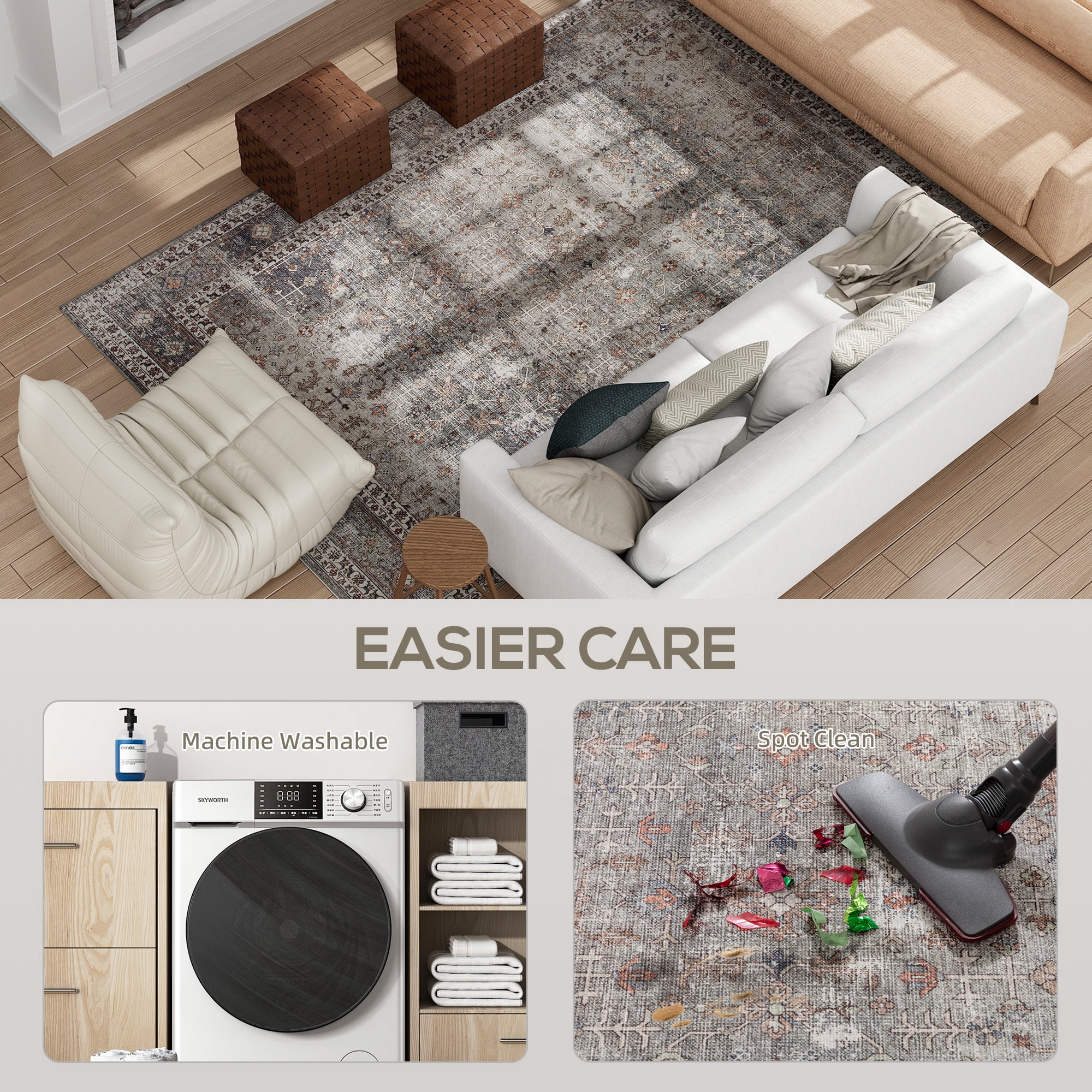 HOMCOM Machine Washable Area Rug 8x10, Non-Slip Chenille Traditional Floor Cover Foldable Carpet for Living Room, Bedroom, Dark Mixed-Brown