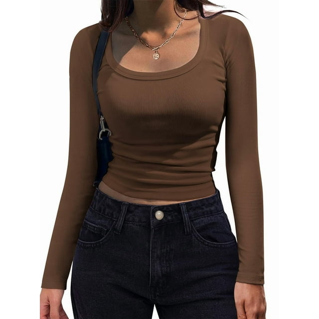Women'S Long Sleeve Scoop Neck Shirts Casual Slim Fit Rib Knit Tops Summer Fall Basic Business Work Tee Brown L