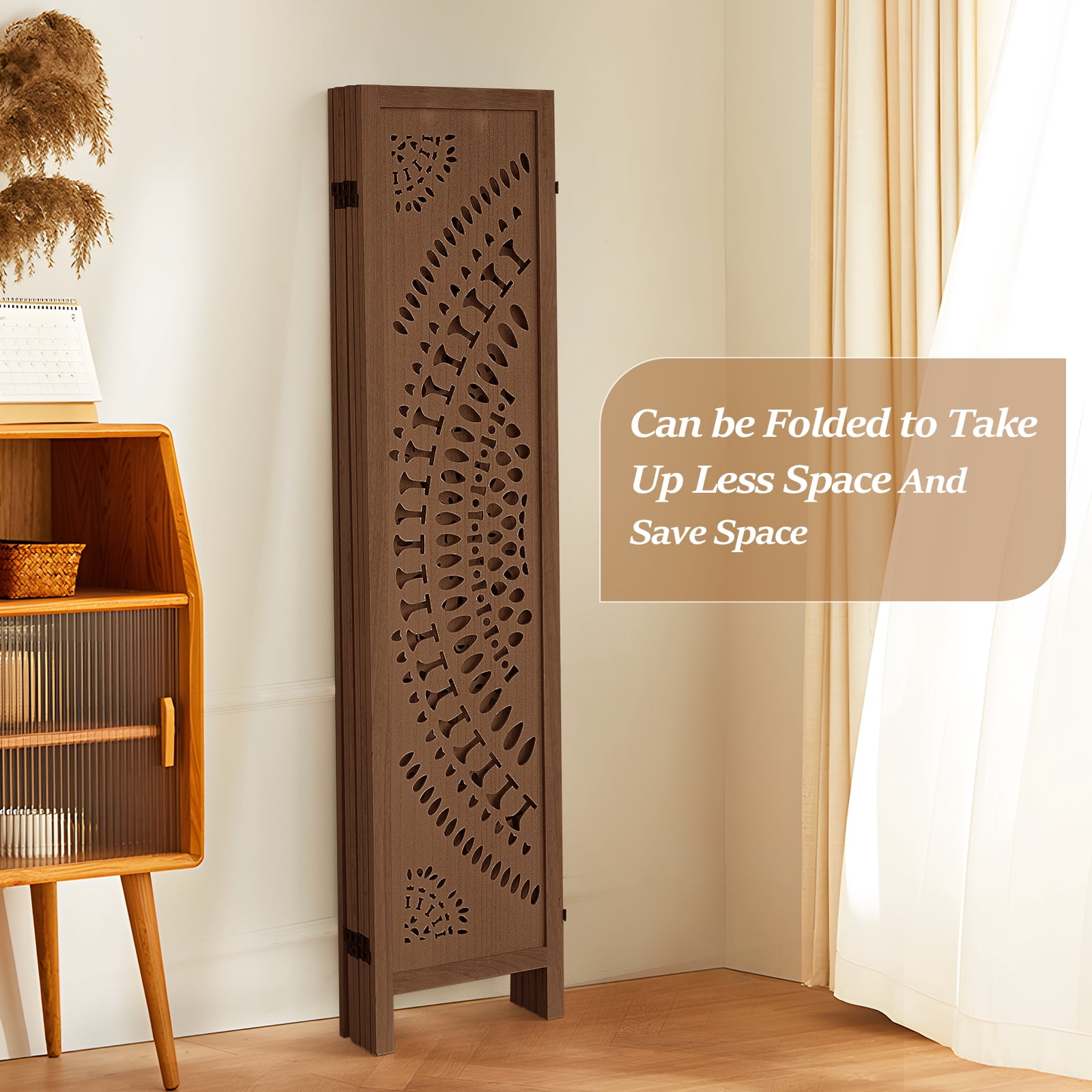 Aletheiawu 6 Panel Wood Carved Room Dividers and Folding Screens, No Mounting Require, Dark Brown