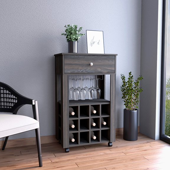 LiviNest Bar Cart with Drawer and Wine Storage, Carbon Espresso Wood Mobile Home Bar Cart with 12 Bottle Rack, Wine Glass Holder, and Open Shelf for Living Room, Dining Room Entertaining