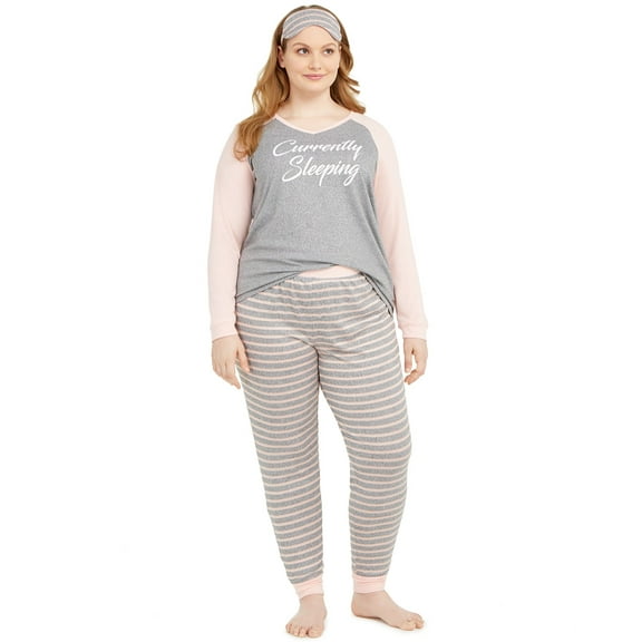 Jenni by Jennifer Moore Women's Plus Size 3-Pc Curently Sleeping PJ & Sleep Mask Set Gray Simple Stripe 2X