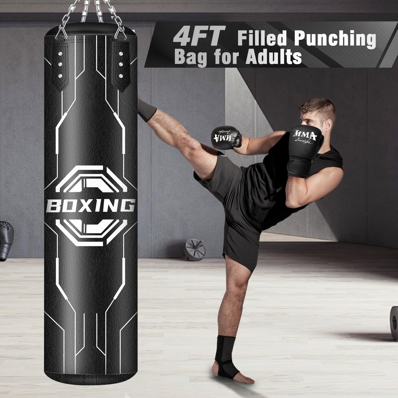 Heavy Punching Bag for Adults, 4FT PU Hanging Boxing Bag Set with 11LB Sponge Filler & 12OZ Boxing Gloves & Chain Ceiling Hook for MMA Training Karate Kickboxing