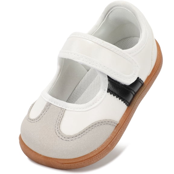 STQ Toddler Girl Mary Jane Shoes Girls Classic Sneakers with Hook and Loop Non Slip Barefoot Shoe for School Classic White Black Toddler Size 7