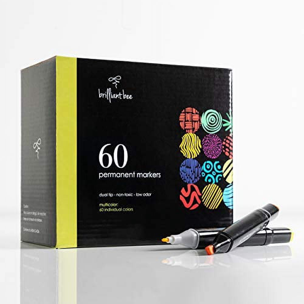 Brilliant Bee  60 Colors Permanent Marker Set  Bulk Pack, Assorted Colors, Chisel & Fine Point Tips, Long-Lasting Ink, Smear Proof