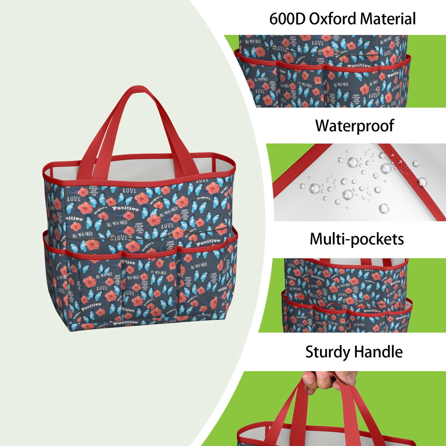 Bright Flowers Garden Tools Bag, Water-proof Oxford Garden Tote Home Organizer Gardening Tool Bag Kit Holder with 8 Pockets for Indoor and Outdoor Gardening(Tools Not Included)