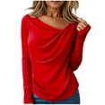 thumbnail image 3 of Dazajoo Womens Cowl Neck T-Shirt Slim Fit Draped Front Long Sleeve Tops Solid Color Basic Tee Shirts,Red,M, 3 of 7