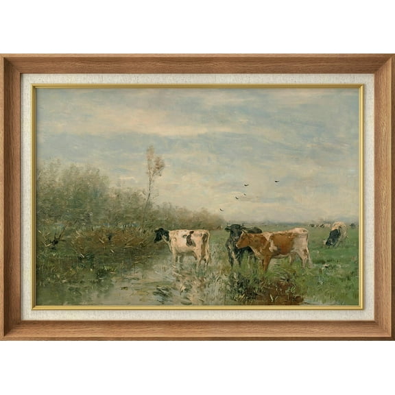 IDEA4WALL Premium Frame Wall Art Pastel Valley Cow Farm Field Landscape Print Impressionism Scenic Animal Wildlife Wall Decor Rustic Famous Fine Art for Living Room, Office - 26"x36" Natural