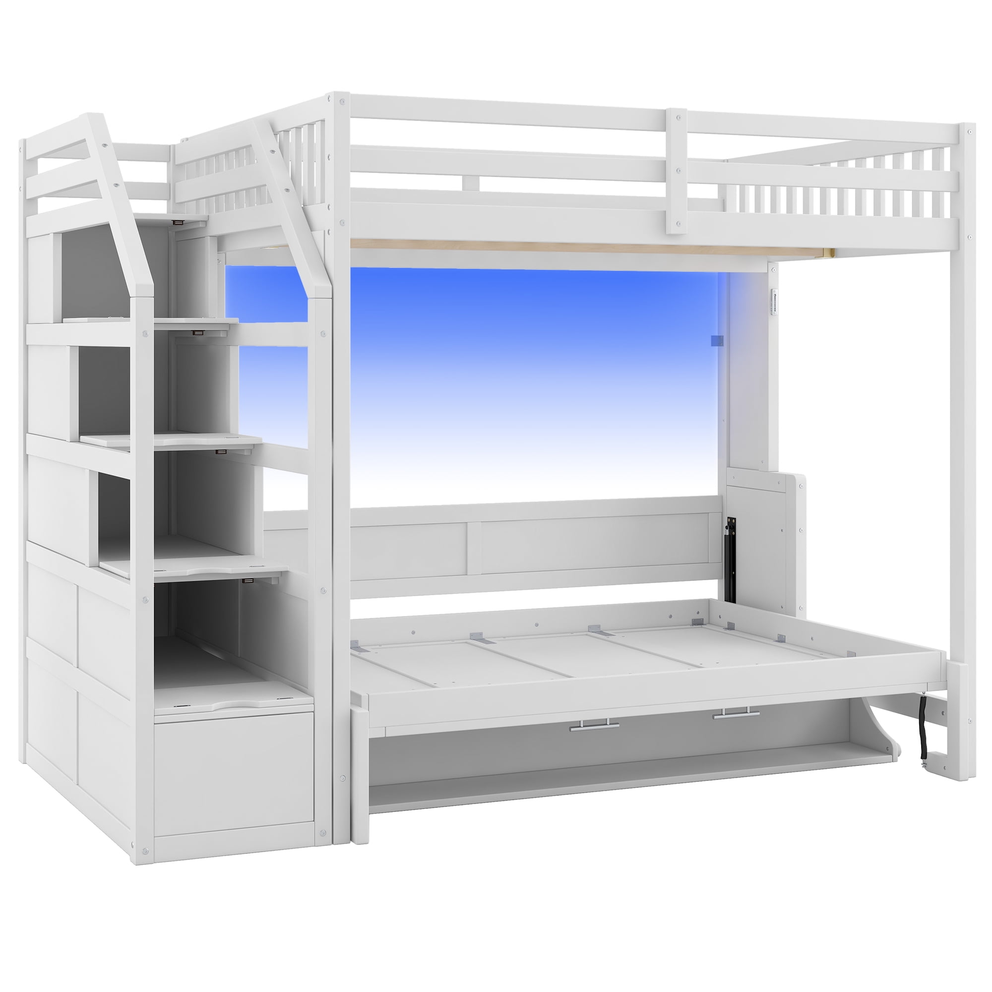 Euroco Wood Full XL Loft Bed with Storage Staircase, Full Murphy Bed with Desk and LED Light, Convertible Bunk Bed, White
