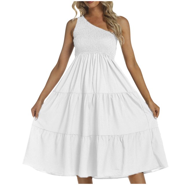 FcBaudy Robe Sans Manches à Col Asymétrique, Robes d'Été pour Femmes, Robes d'Été Fraîches et à Col Doux Couleur Unie pour Femmes