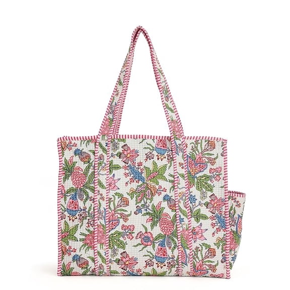 NIKAVIK Quilted Cotton Jaipuri Tote bag (with seperate Bottle Pocket & Zip) – Exotic Animal Print Foldable and Ideal for Travel Shopping Beach Trips or Daily Essentials (White Pink)
