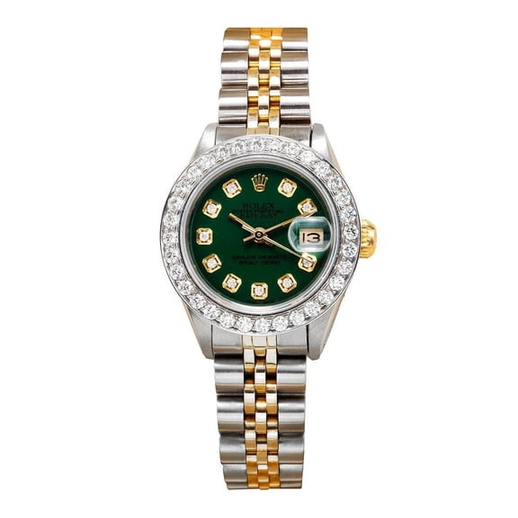 Pre-Owned Rolex Datejust 26MM 6917 Green Diamond Dial Diamond Bezel Two Tone Yellow Gold Jubilee Bracelet 1.5ct