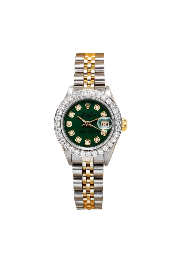 Pre-Owned Rolex Datejust 26MM 6917 Green Diamond Dial Diamond Bezel Two Tone Yellow Gold Jubilee Bracelet 1.5ct