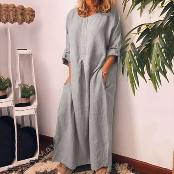GaThRRgYP Womens Plus Size $5,Fashion Women Summer Casual Full Sleeve Round Neck Solid Linen Long Sleeve Long Dress Gray XL