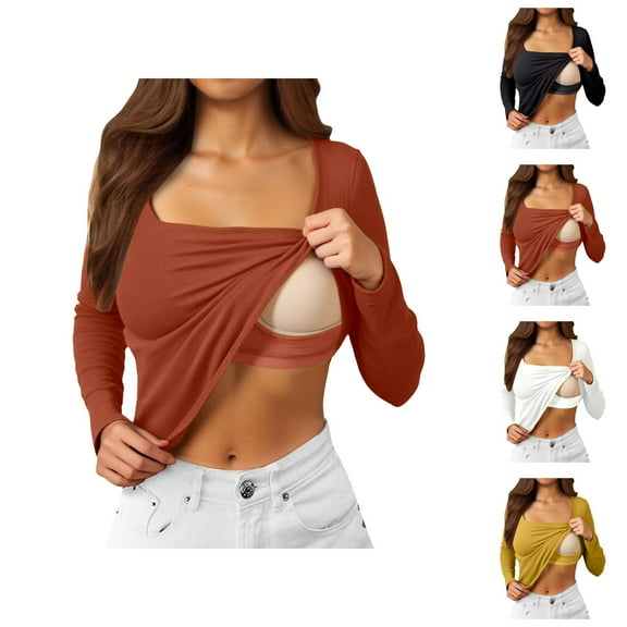 Long Sleeve Shirt with Build-in Bra for Women 2025 Padded Wireless Square Neck Undershirt Womens Fall Tops