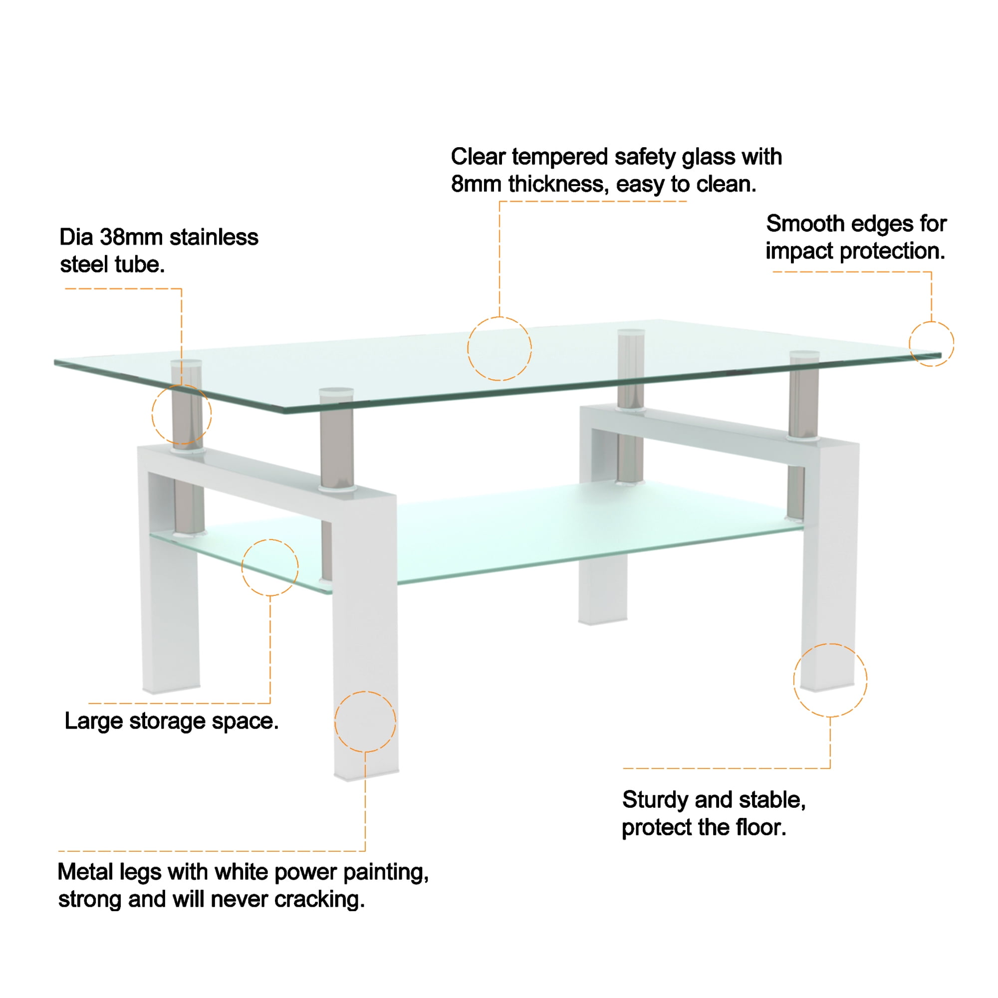 Alvantor Glass Coffee Table, 38.6" Modern Rectangle Side Center Tables with Clear Tempered Glass Top for Living Room White