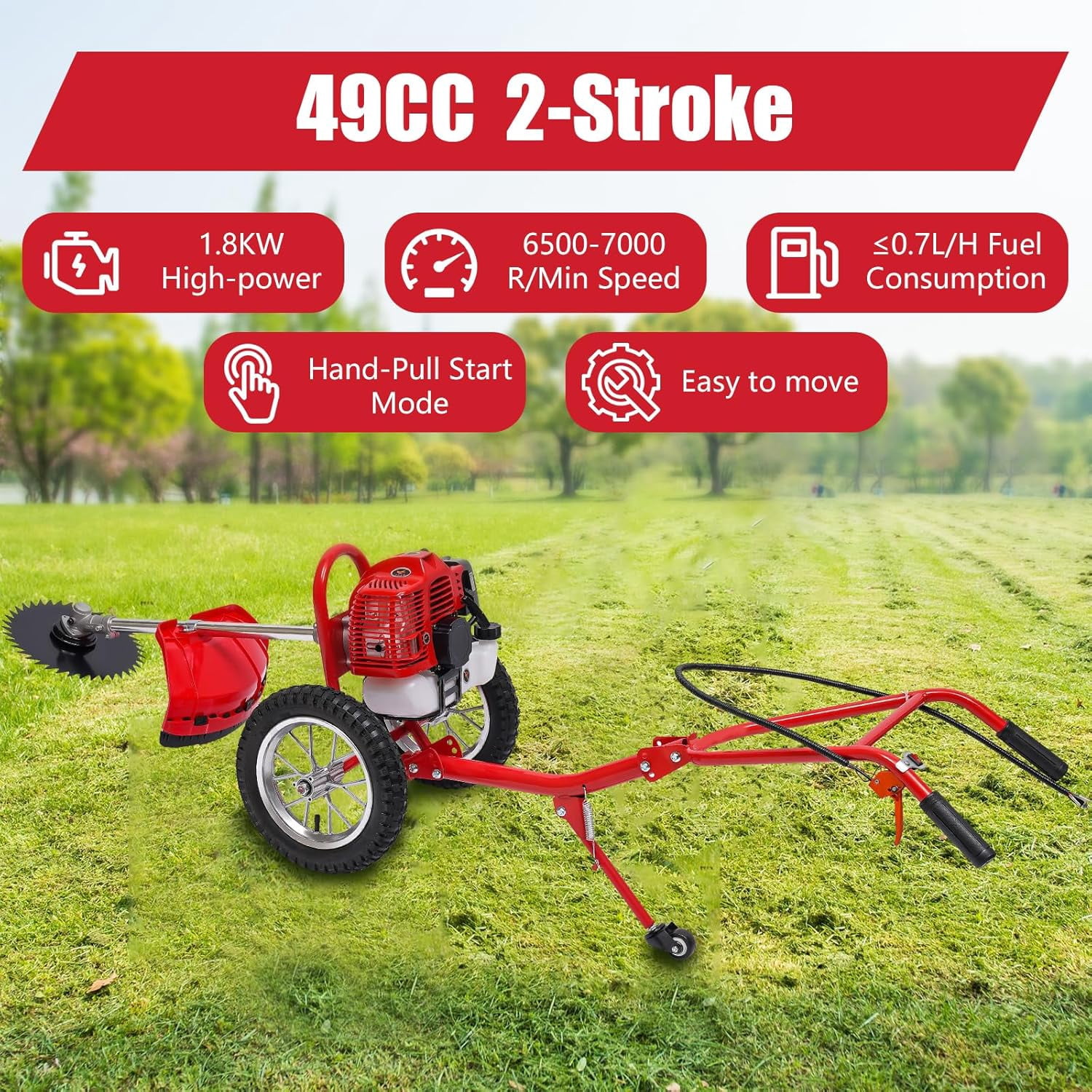 49CC Walk Behind Lawn Mower 2 Stroke Gas Lawn Mower Hand Push Lawn Mower Air Cooling Gas Powered Mower with Adjustable Handle