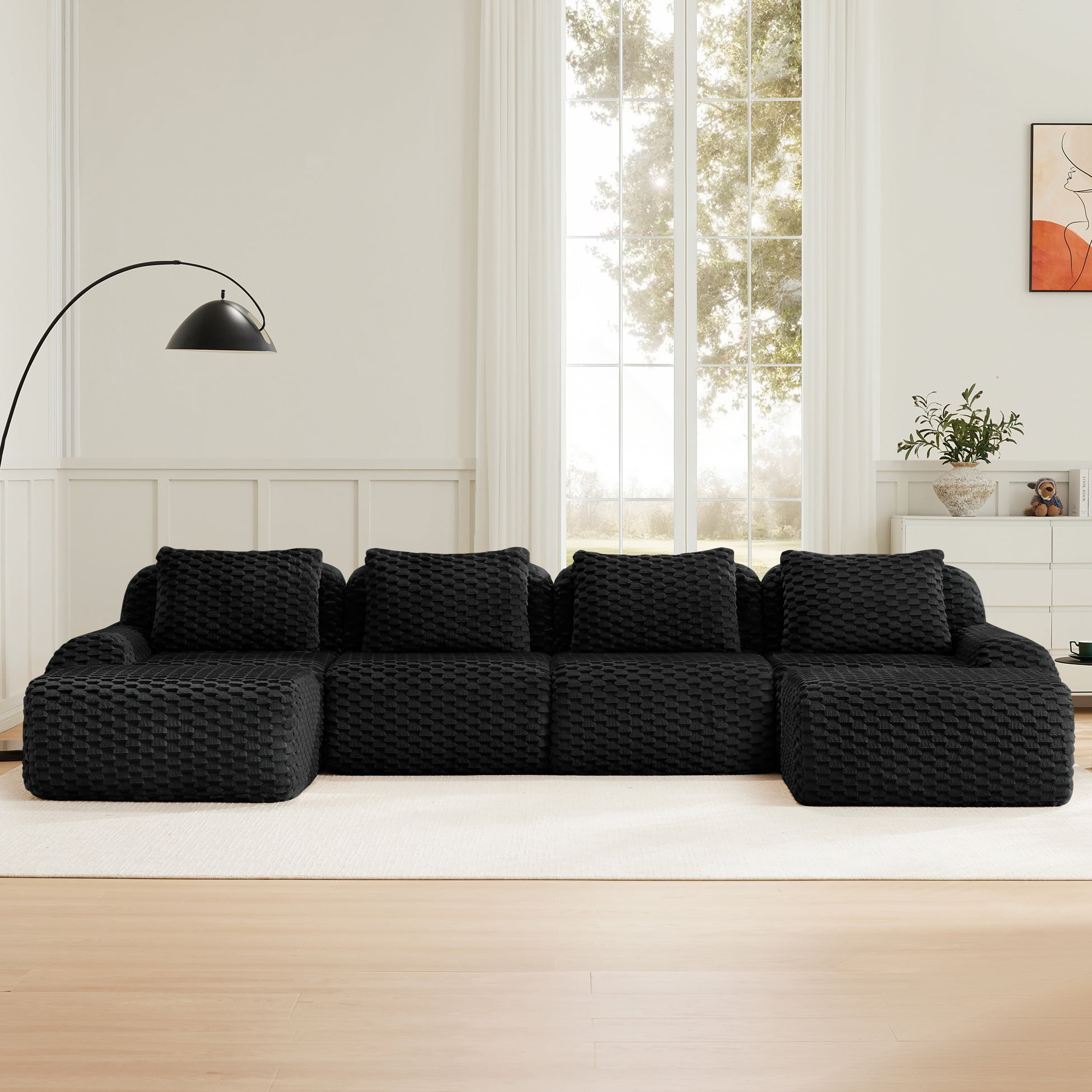 Aukfa 146" U-Shaped Modular Cloud Sectional Sofa, Oversized Deep-Seat 6-Seater Couch with 2 Ottomans, Flannelette Upholstered Boneless Sofa, Black