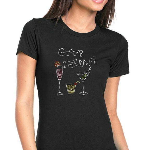 Womens T-Shirt Rhinestone Bling Black Tee Cocktail Glass Group Therapy Crew Neck Medium