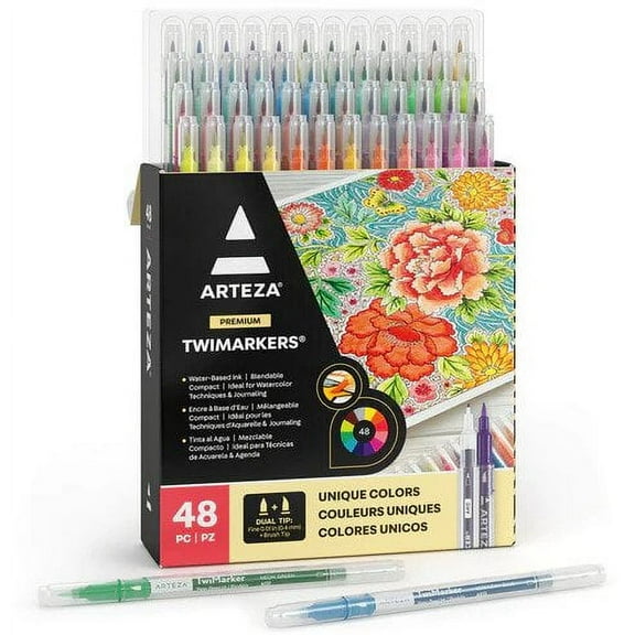 Arteza Dual Tip Sketch Markers TwiMarkers Art Supply Set, Assorted Colors - 48 Pack