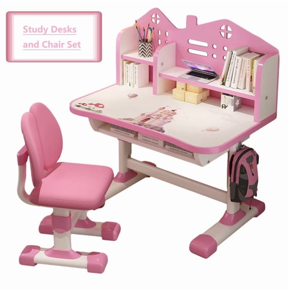 AurumEdge Small Desk, Desk Chair Set, Widened Desktop Multi Separation Cartoon Pattern Kids Adjustable Height Study Table with Drawer Chair(Pink)