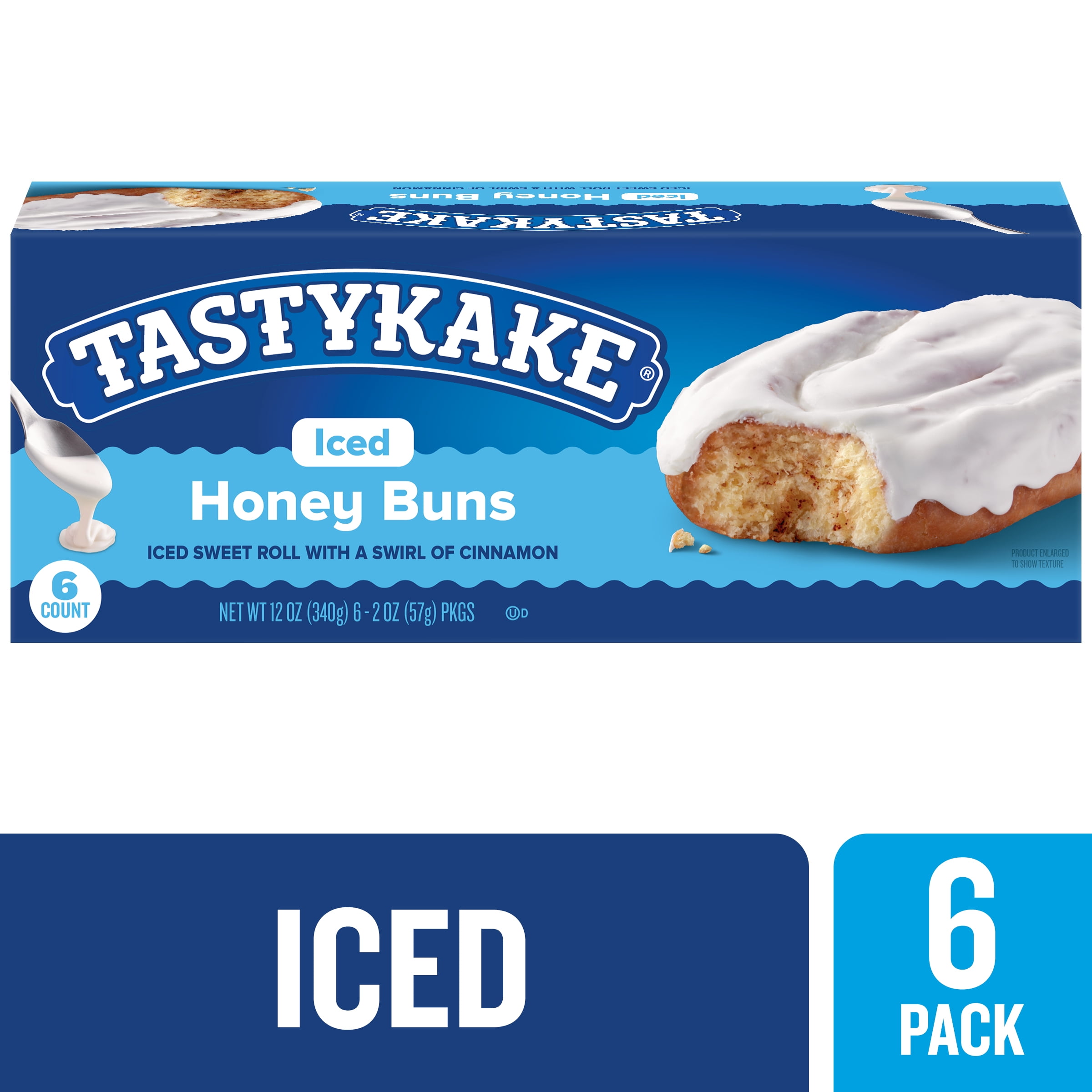 Tastykake Iced Honey Buns with Swirl of Cinnamon, 12 oz, 6 Count, Shelf-Stable (6 Count)