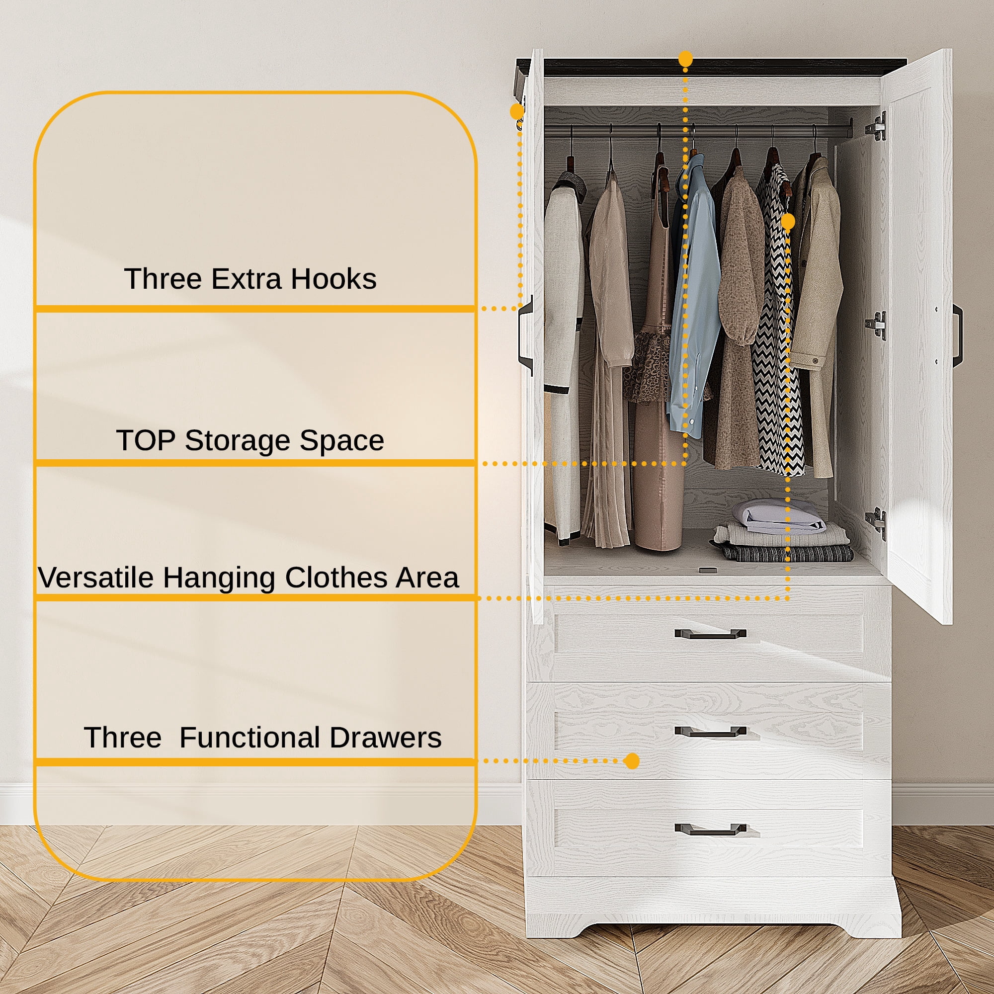LIKIMIO 70.9"H Wardrobe Closet with Sensor Light and 3 Drawers, Wooden Bedroom Armoire Cabinet with 2-Door and Hanging Rod