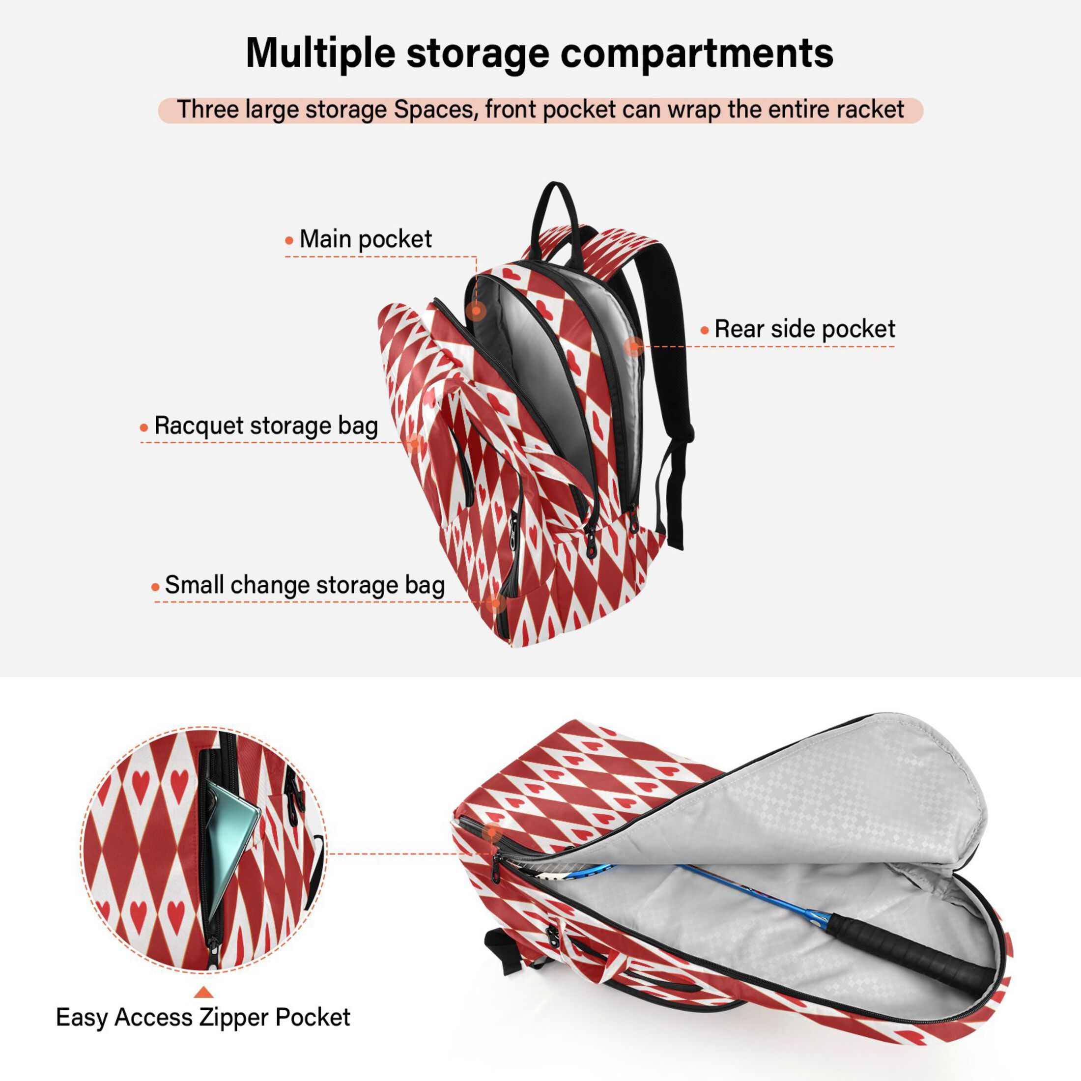 2 Racquet Holder Tennis Backpack Tennis Racket Covers Gym Bags Red Hearts and Diamonds