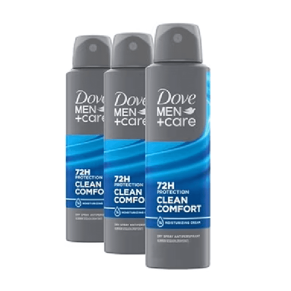 DOVE MEN CARE CLEAN COMFORT 72HR SPRAY 150ML EACH (3 PACK)