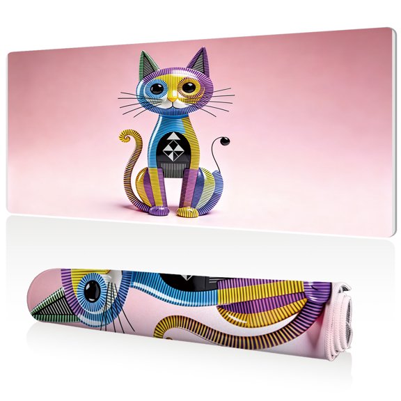 LIVEKEY Mouse Pad 80x40cm Extra Large Non Slip Stitched Durable Easy Clean Colorful Geometric Cat Pink Gradient for Gaming Office