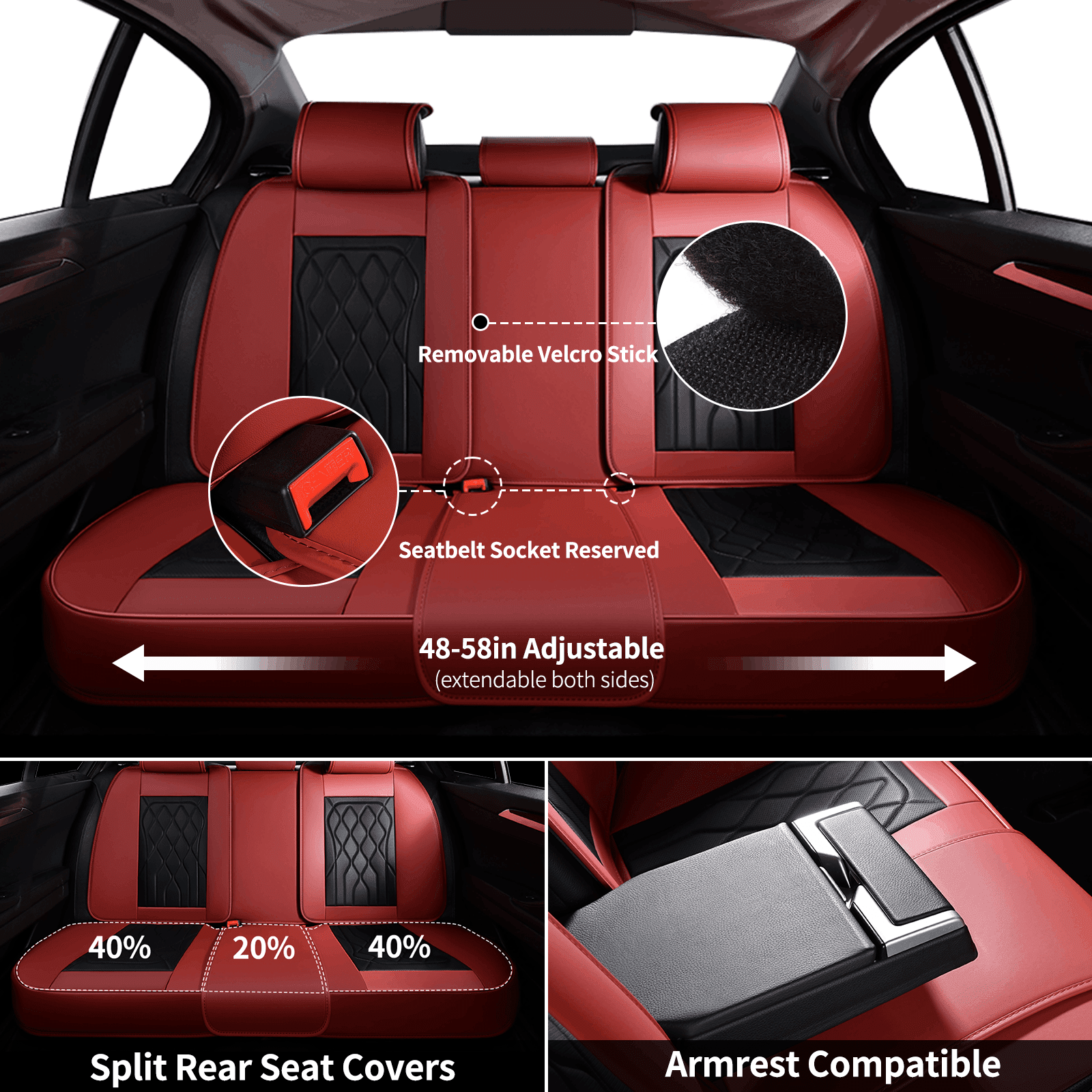 FLORICH Car Seat Covers Full Set, Waterproof Faux Leather Seat Protectors, Automotive Interior Cushions Universal Fit for Most Cars Suv Trucks, Black & Red